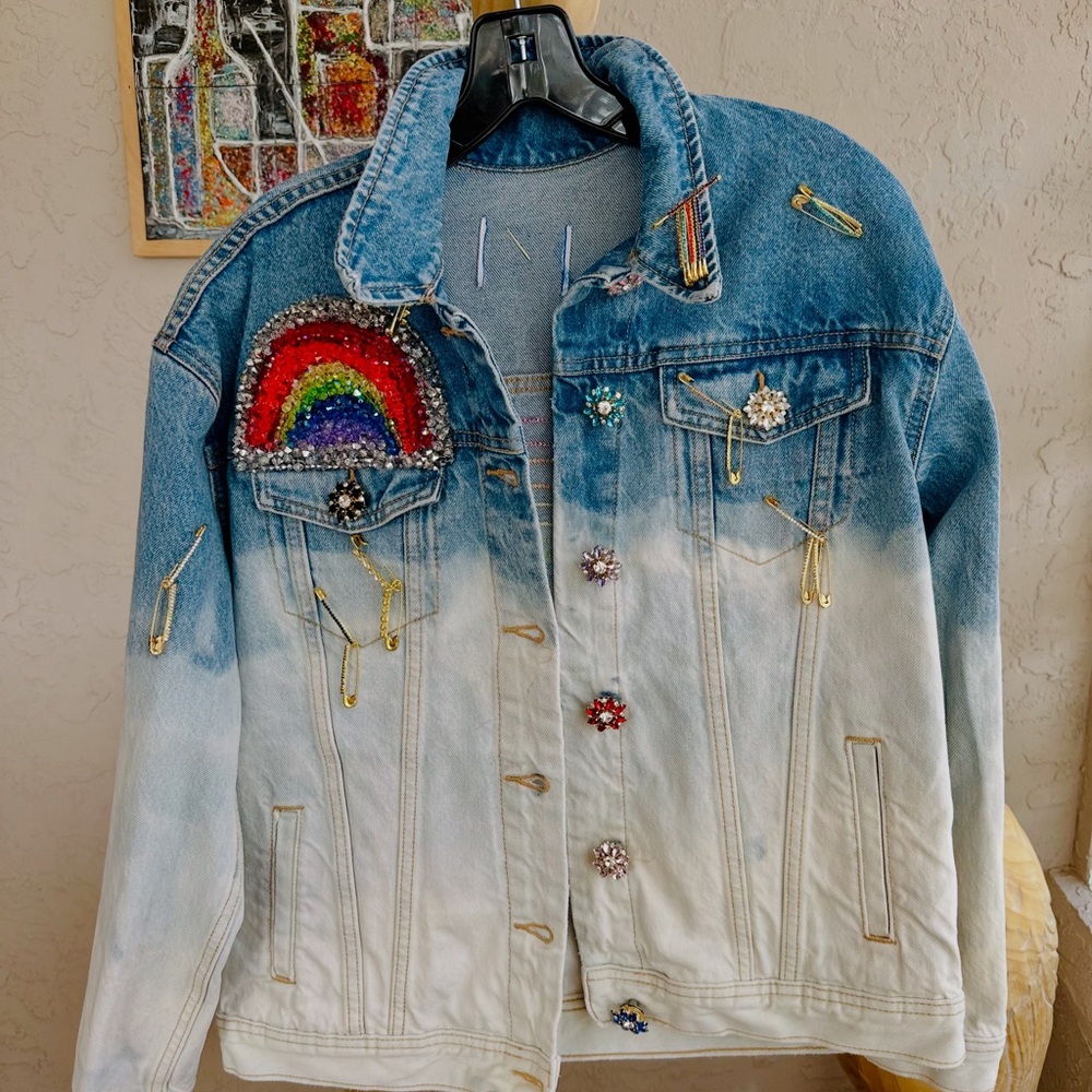 Red and Blue Jean Jacket with Artistic Ombre Design
